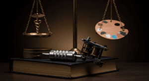 Imagem simbolizando o debate sobre a regulamentação da profissão tatuador, com máquina de tatuar, livro de leis e balança representando arte, saúde e regras.