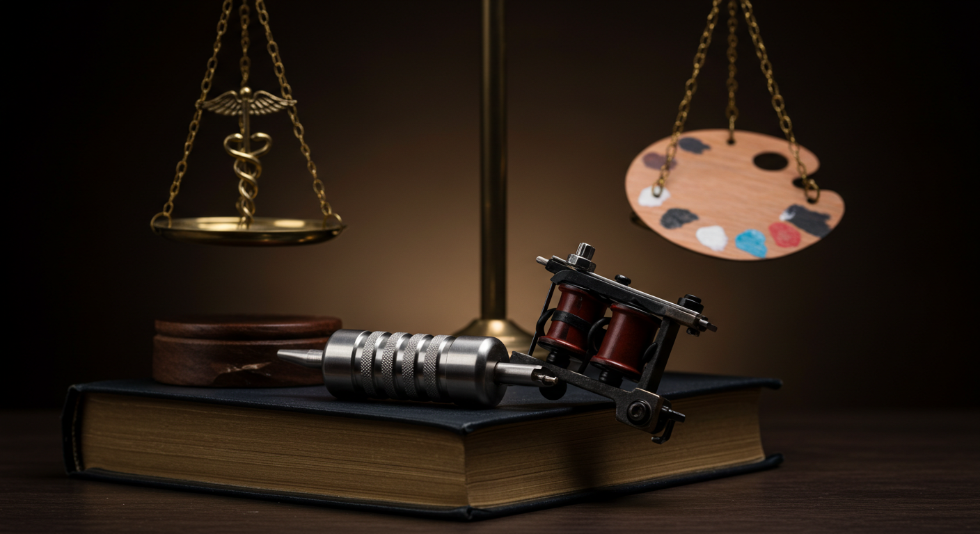 Imagem simbolizando o debate sobre a regulamentação da profissão tatuador, com máquina de tatuar, livro de leis e balança representando arte, saúde e regras.