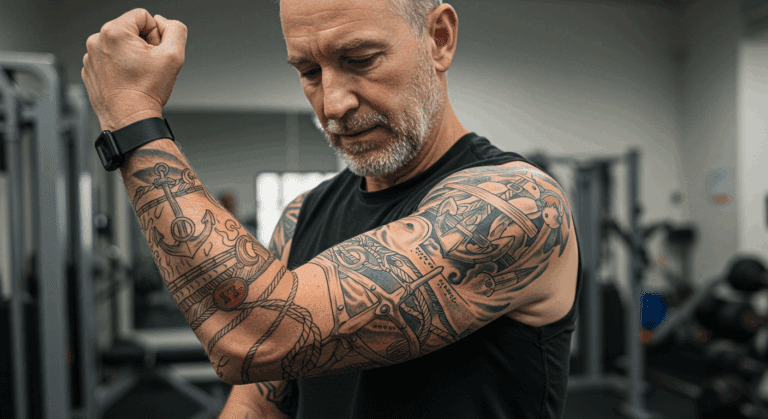 Pessoa com tatuagem recente evitando exercícios físicos intensos.