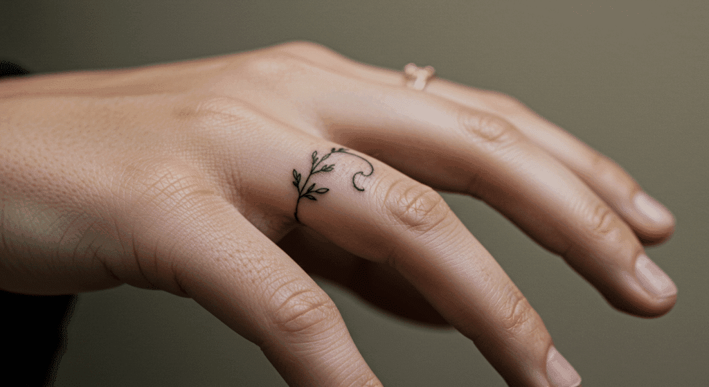 Close-up de uma tatuagem delicada e minimalista na lateral do dedo indicador de uma pessoa, mostrando o charme e a sutileza desse tipo de arte.