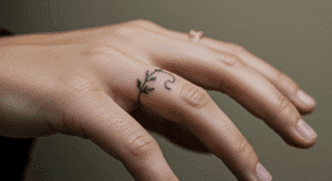 Close-up de uma tatuagem delicada e minimalista na lateral do dedo indicador de uma pessoa, mostrando o charme e a sutileza desse tipo de arte.