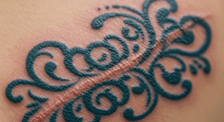 Tatuagem artística colorida cobrindo uma cicatriz na pele, demonstrando a transformação da marca em arte.