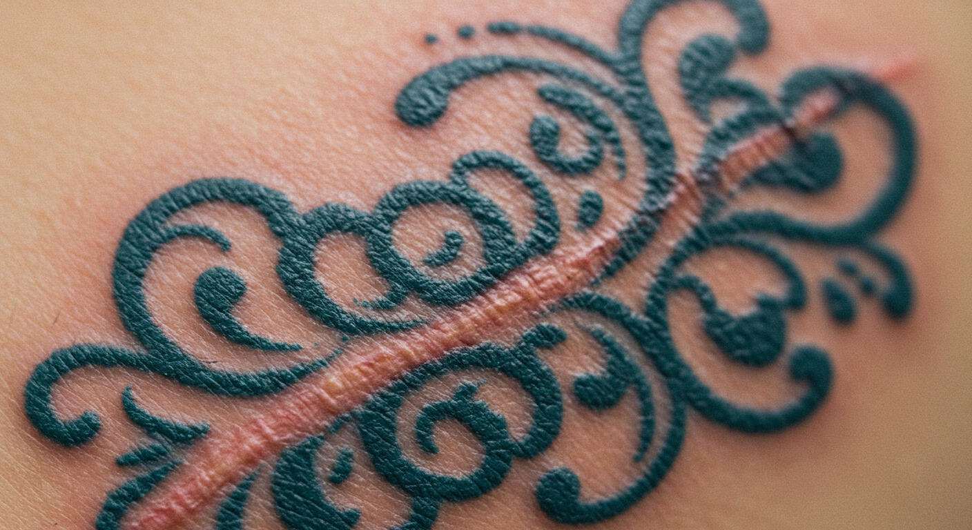 Tatuagem artística colorida cobrindo uma cicatriz na pele, demonstrando a transformação da marca em arte.