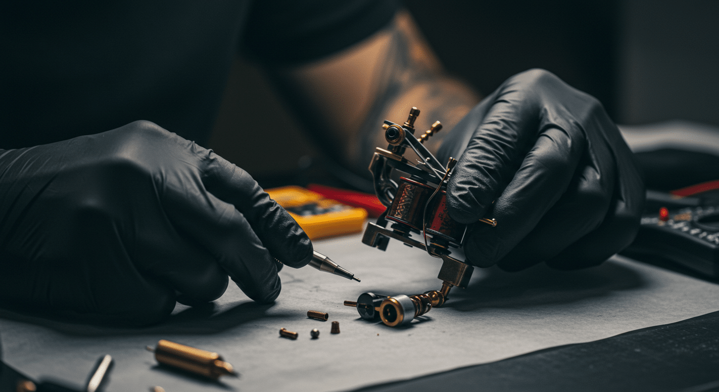 Mãos de técnico especializado realizando a manutenção detalhada de uma máquina de tatuagem desmontada em uma bancada de trabalho.