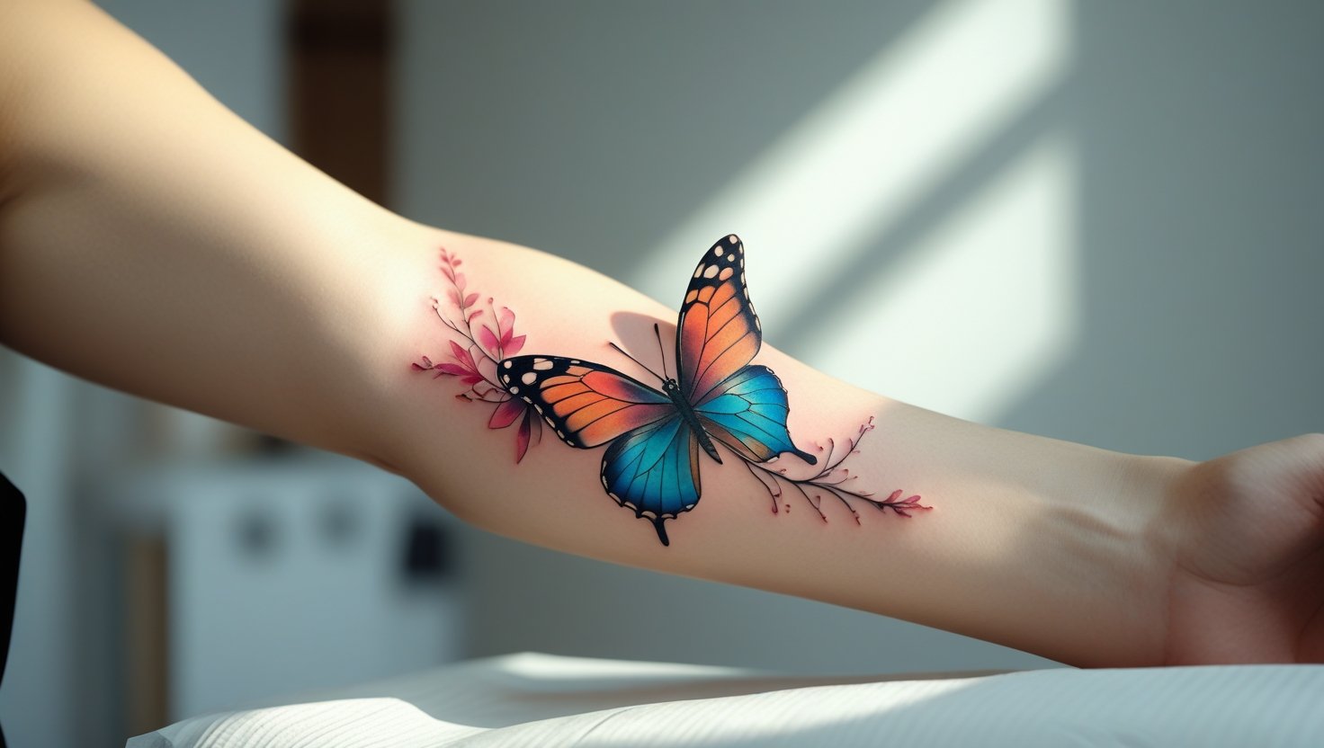 Tatuagem de borboleta realista no braço de uma mulher com fundo desfocado