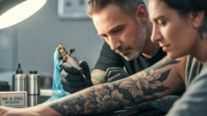 Tatuador profissional aplicando tatuagem com segurança e higiene.