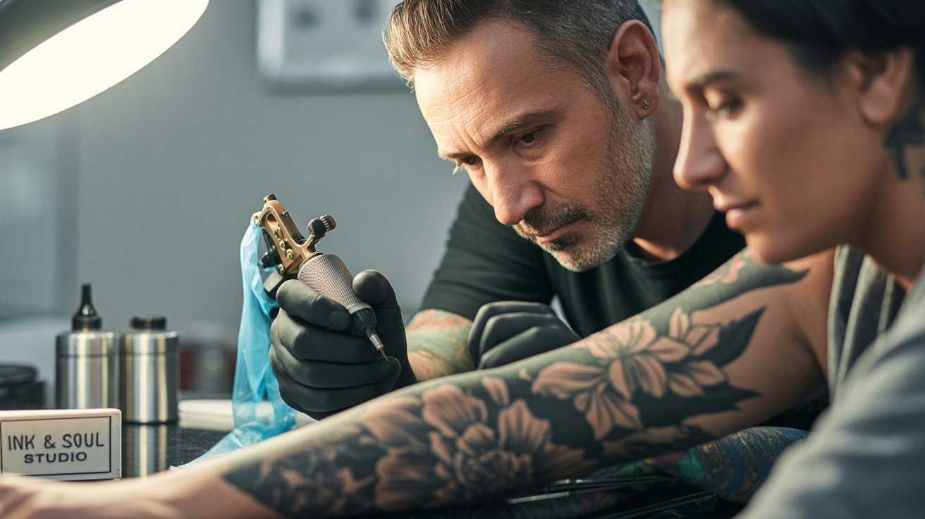 Tatuador profissional aplicando tatuagem com segurança e higiene.