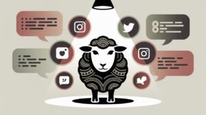 Ilustração de uma ovelha com elementos de tatuagem e símbolos de redes sociais.
