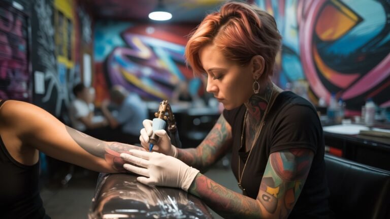 Tatuador aplicando uma tatuagem com murais de grafite ao fundo