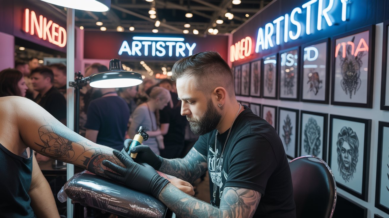 Tatuador em ação durante convenção de tatuagem, interagindo com o público.