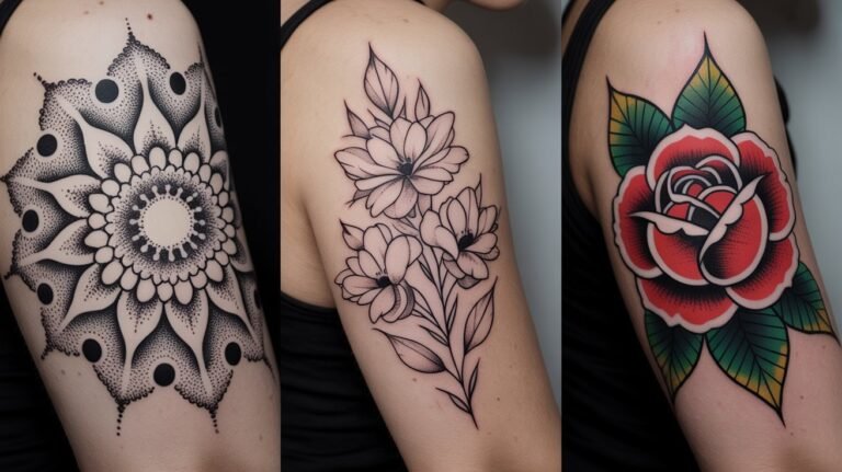 Representação dos estilos de tatuagem Pontilhismo, Fineline e Old School.