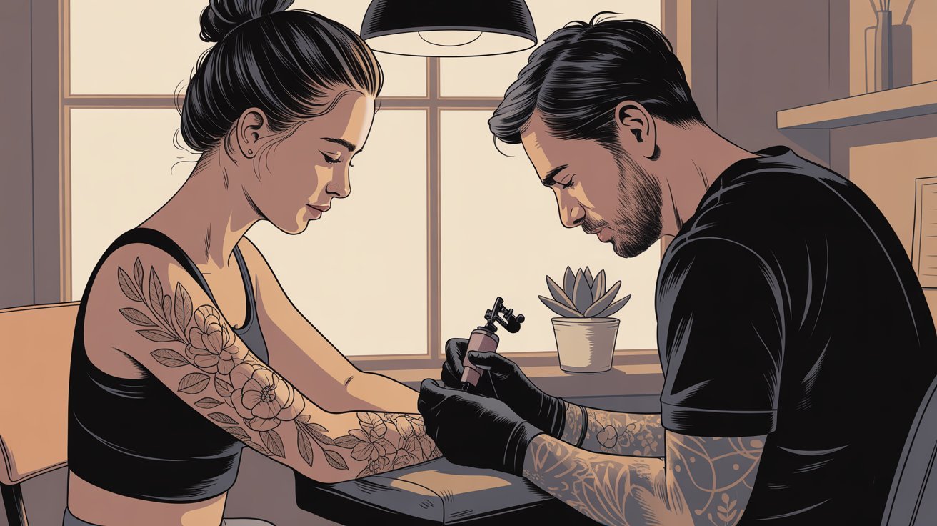 Cliente sendo tatuada em ambiente seguro e respeitoso