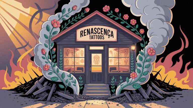 Estúdio de tatuagem renascendo das cinzas, representando superação.