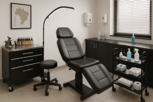 Estúdio de tatuagem moderno com equipamentos essenciais organizados