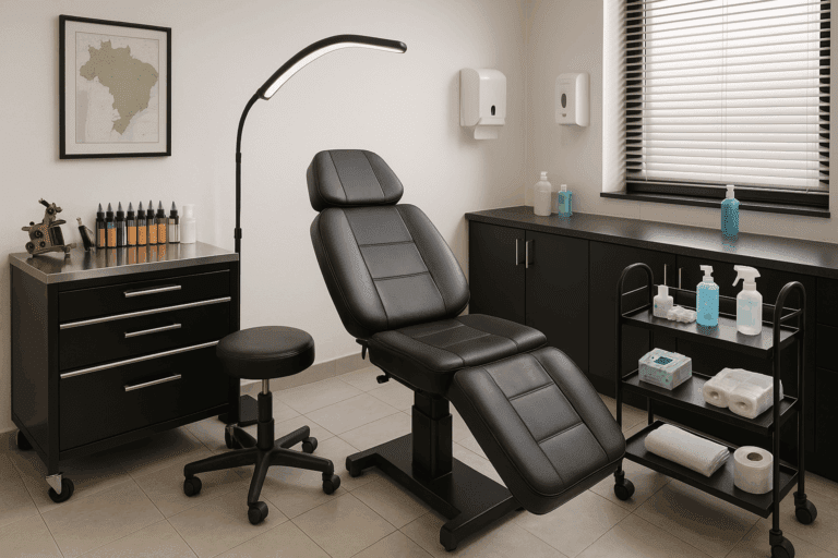 Estúdio de tatuagem moderno com equipamentos essenciais organizados