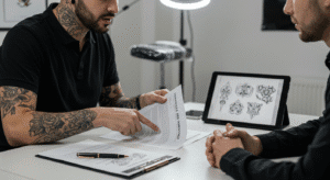 Tatuador explicando as cláusulas de um contrato para tatuagem a um cliente, demonstrando profissionalismo e segurança.