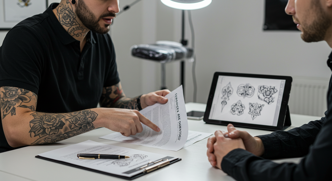 Tatuador explicando as cláusulas de um contrato para tatuagem a um cliente, demonstrando profissionalismo e segurança.