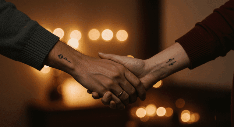 Mãos de um casal entrelaçadas, cada uma com uma tatuagem pequena e complementar, simbolizando a decisão de fazer uma tatuagem de casal no Dia dos Namorados.