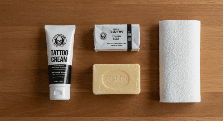 Kit para cuidar da tattoo em casa, com creme cicatrizante, sabonete neutro e plástico-filme organizados sobre uma mesa de madeira.