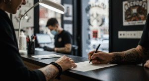 Cliente preenchendo uma ficha de anamnese para tatuagem em um balcão de estúdio, demonstrando profissionalismo e segurança no procedimento.