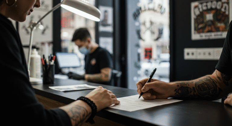 Cliente preenchendo uma ficha de anamnese para tatuagem em um balcão de estúdio, demonstrando profissionalismo e segurança no procedimento.