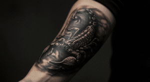 Tatuagem de escorpião em preto e cinza no antebraço, mostrando o que significa poder, perigo e proteção.