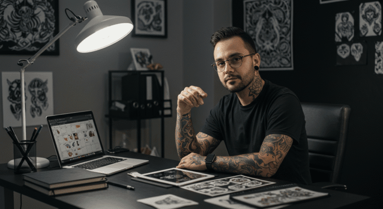 Tatuador profissional em seu estúdio organizado, planejando sua agenda cheia, aplicando uma boa gestão para tatuadores.