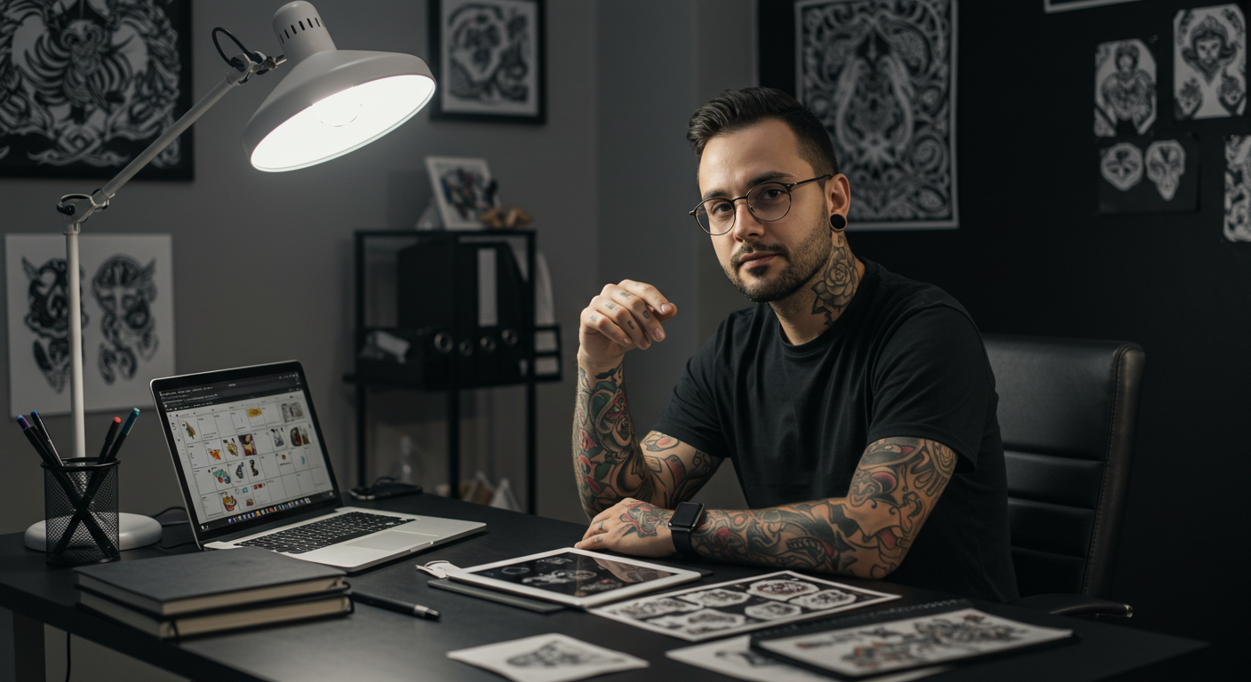 Tatuador profissional em seu estúdio organizado, planejando sua agenda cheia, aplicando uma boa gestão para tatuadores.