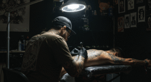 Tatuador focado em seu trabalho, mostrando que a qualidade da arte é mais importante do que ser influencer.