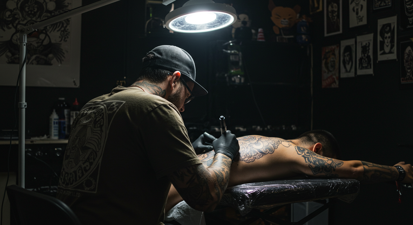 Tatuador focado em seu trabalho, mostrando que a qualidade da arte é mais importante do que ser influencer.
