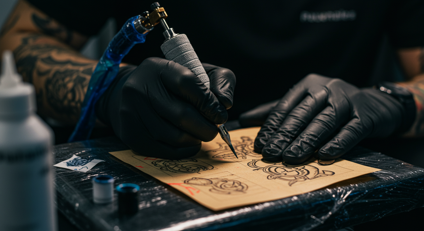 Mãos de tatuador praticando com máquina de tatuar em uma pele artificial, destacando a necessidade de treino para desenvolver a técnica.
