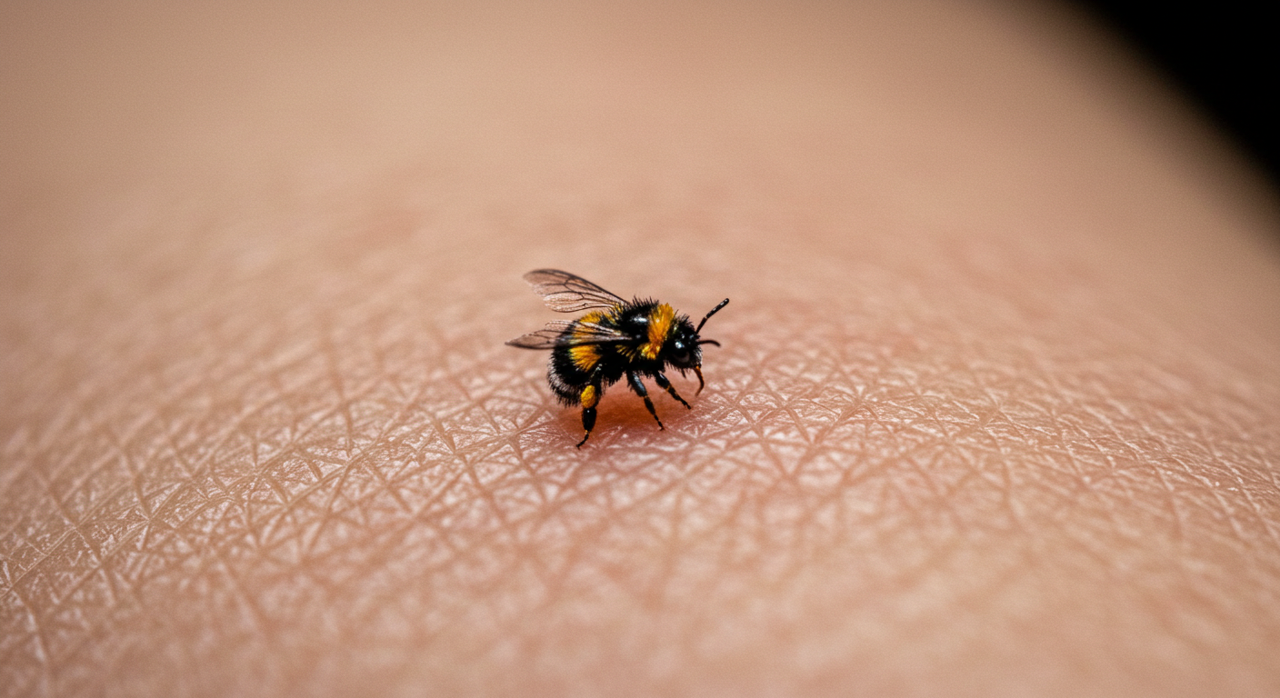 Close-up extremo de uma tatuagem microrealista extremamente detalhada e pequena na pele, mostrando a precisão da técnica.
