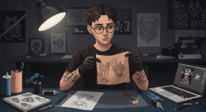 Jovem tatuador iniciante aprendendo com erros comuns ao praticar em pele artificial, buscando evoluir na tatuagem.