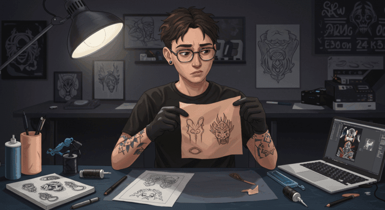 Jovem tatuador iniciante aprendendo com erros comuns ao praticar em pele artificial, buscando evoluir na tatuagem.