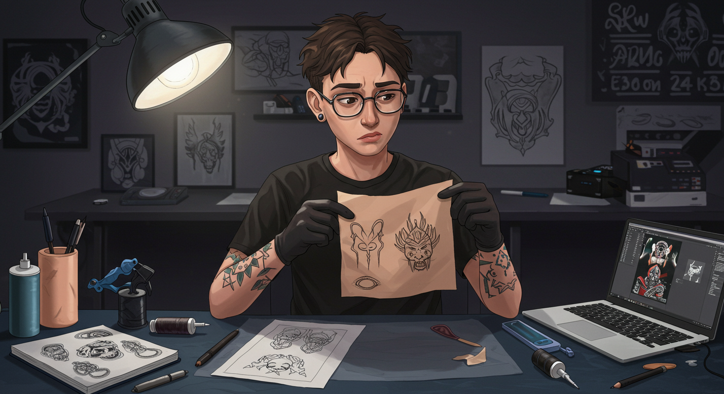 Jovem tatuador iniciante aprendendo com erros comuns ao praticar em pele artificial, buscando evoluir na tatuagem.