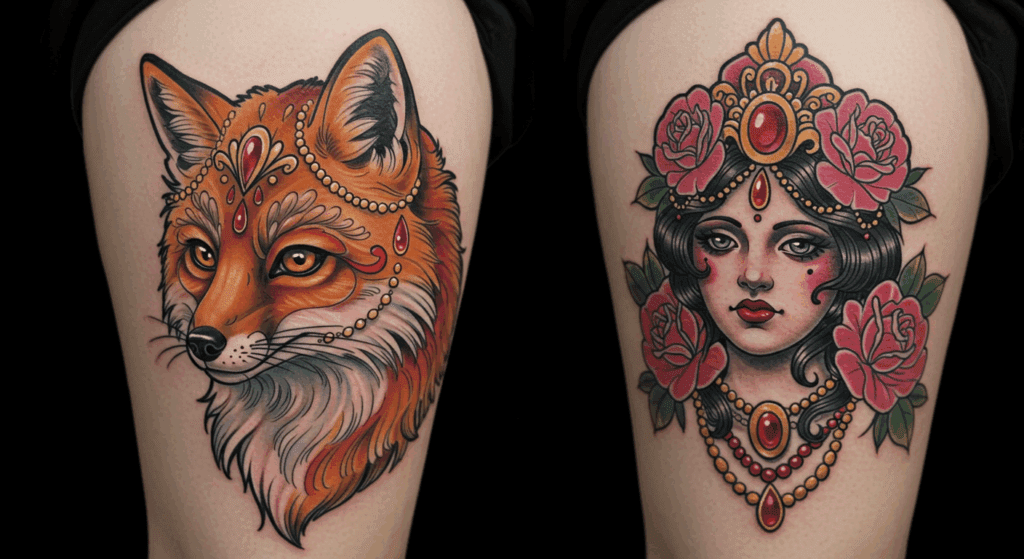 Close-up de uma tatuagem colorida no estilo Neotradicional, rica em detalhes, com contornos marcantes e volume, mostrando a vivacidade do estilo.