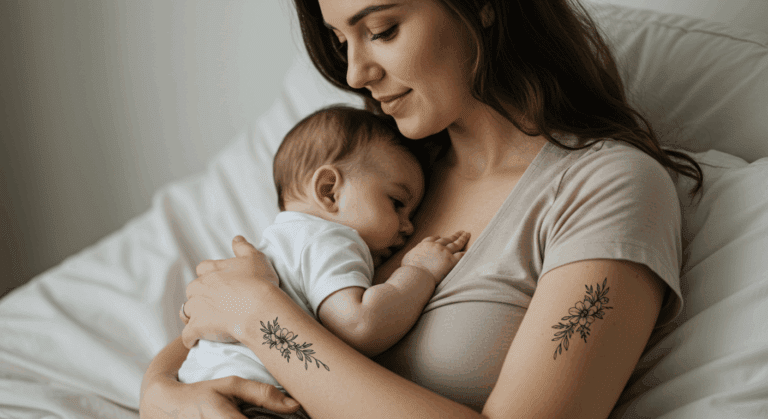 Mãe amamentando seu bebê com uma tatuagem cicatrizada visível, simbolizando a questão de quem amamenta pode fazer tatuagem.