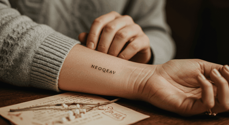 Close-up de uma tatuagem delicada com a sigla 'NEOQEAV' no pulso, simbolizando seu significado de amor e sua origem.
