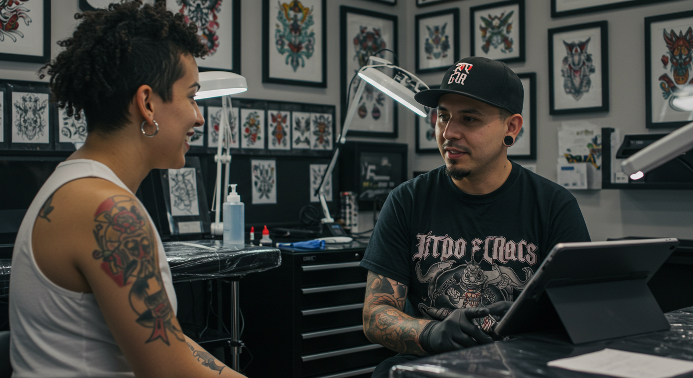 Cliente em uma consulta atenta com um tatuador profissional em um estúdio limpo e organizado, ilustrando como escolher um bom tatuador.