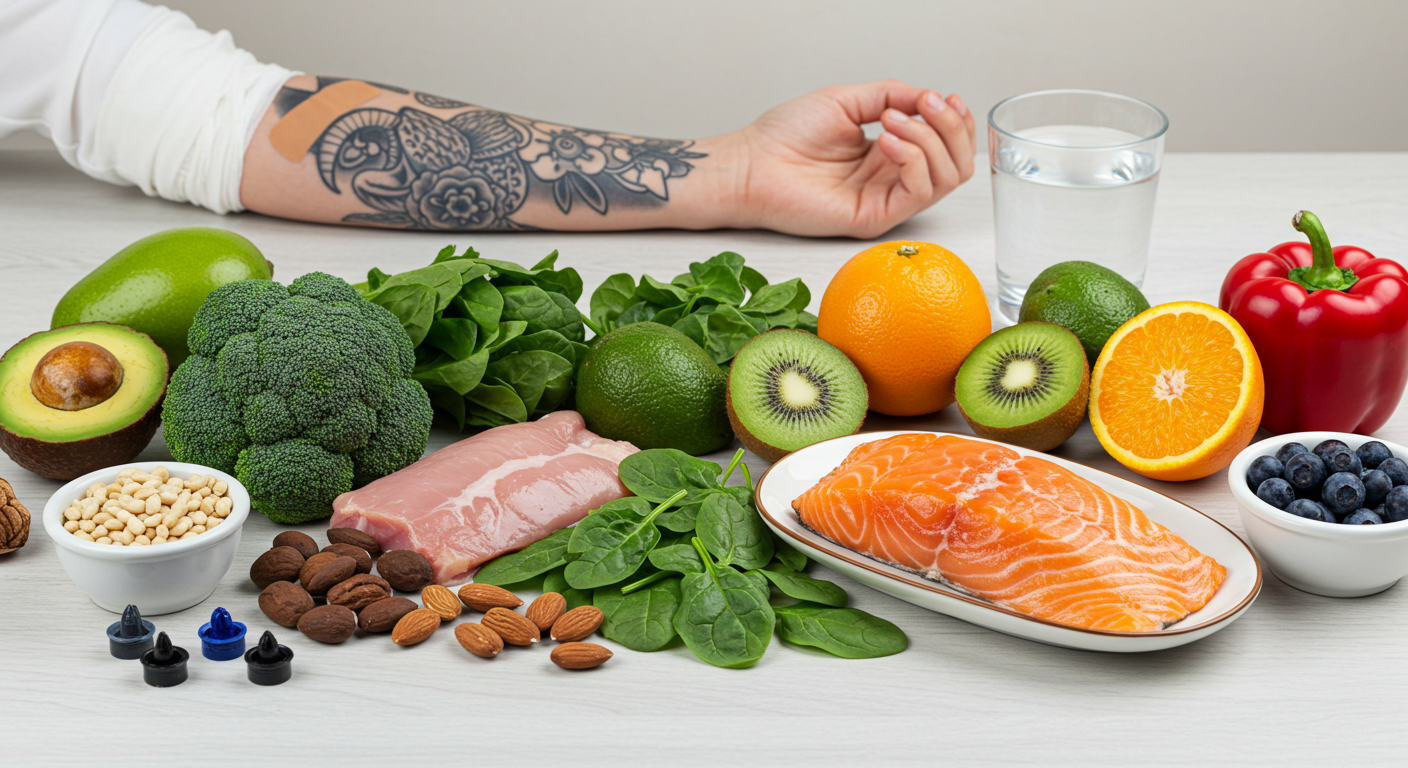 Prato com alimentos saudáveis como frutas, verduras e proteínas, com uma tatuagem recém-feita ao fundo, ilustrando o que comer para boa cicatrização.