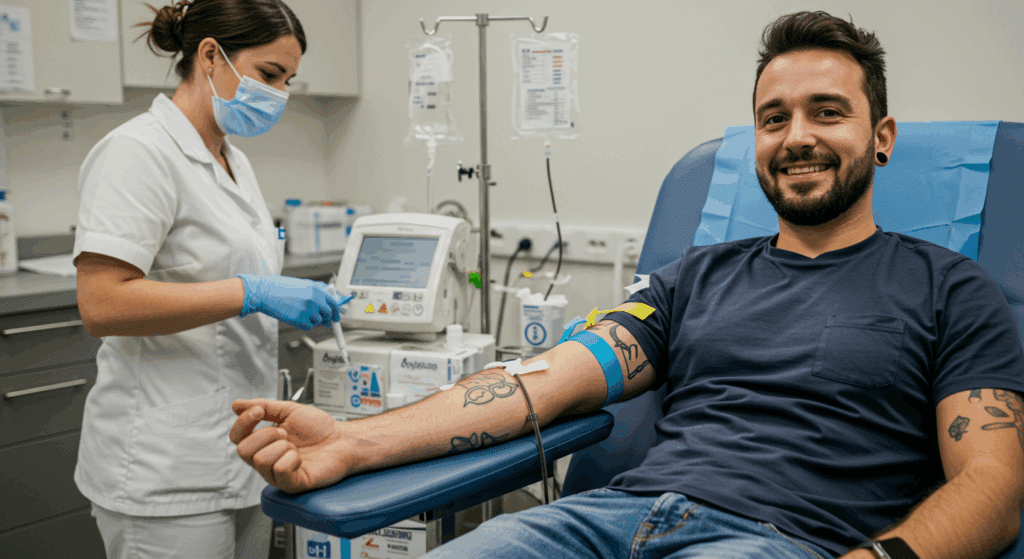 Pessoa com tatuagens visíveis no braço doando sangue em um hemocentro, mostrando que quem tem tatuagem pode doar sangue após o período de carência.