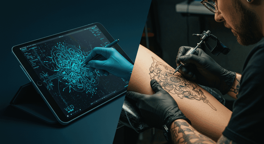 Montagem mostrando a interface de IA do tattoo.ai gerando um design de tatuagem e um tatuador aplicando uma versão humanizada na pele, questionando se a IA é aliada da tatuagem.