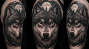 Tatuagem de lobo realista em preto e cinza, com metade do rosto se transformando em uma floresta, simbolizando o significado de instinto e natureza.