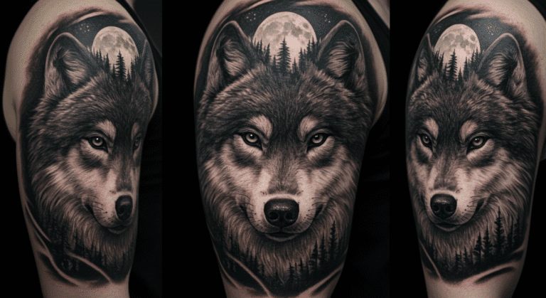 Tatuagem de lobo realista em preto e cinza, com metade do rosto se transformando em uma floresta, simbolizando o significado de instinto e natureza.