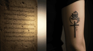 Montagem simbólica com textos religiosos antigos de um lado e uma tatuagem moderna com significado espiritual do outro, questionando se tatuagem é pecado.