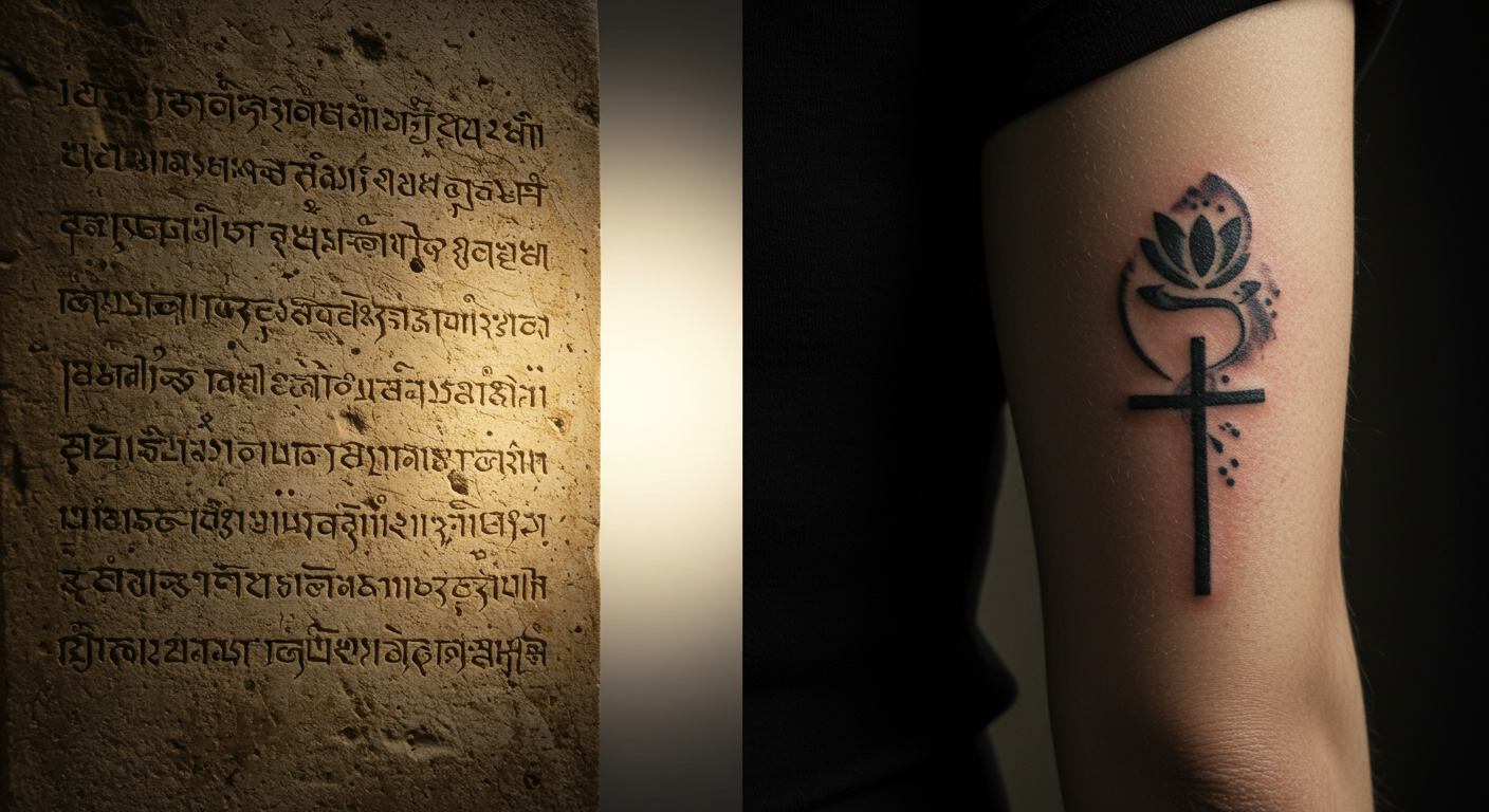 Montagem simbólica com textos religiosos antigos de um lado e uma tatuagem moderna com significado espiritual do outro, questionando se tatuagem é pecado.