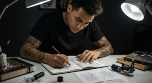 Aspirante a tatuador desenhando e estudando em uma mesa de trabalho, ilustrando os passos de como ser tatuador.