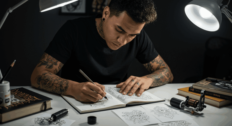 Aspirante a tatuador desenhando e estudando em uma mesa de trabalho, ilustrando os passos de como ser tatuador.