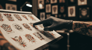 Mão de tatuador apontando para um desenho de flash tattoo em uma folha com várias opções, ilustrando o que é flash tattoo.
