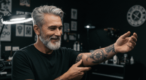 Homem sorrindo e olhando com orgulho para sua primeira tatuagem depois dos 40, um desenho de bússola no antebraço.